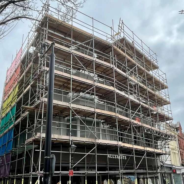Large commercial scaffold erected around the AllSaints building for safe access during refurbishment works